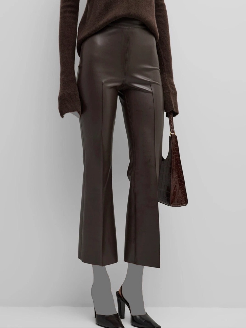 Grey/ven High-Rise Wide-Leg Faux Leather Pants in Dark Brown date night fall